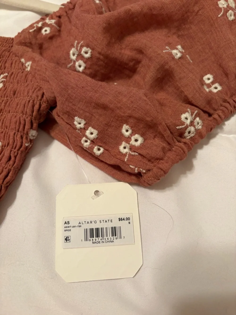 Altar'd State Rust Floral Puff-Sleeve Smocked Peplum Top - NWT Small - Picture 3 of 10